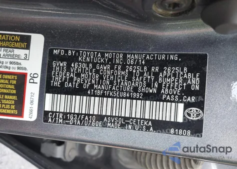 2014 Toyota Camry L from USA, damaged, VIN 4T1BF1FK5EU841992
